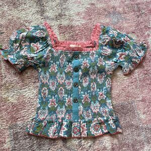 Matilda Jane Girls Floral Button Front Ruffle Tunic Blouse Blue Pink Size 8 NWT